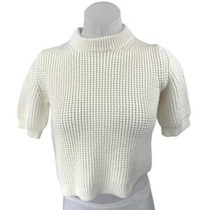 French Connection White Waffle Knit Puff Sleeve Mock Neck Crop Sweater Top Sz M